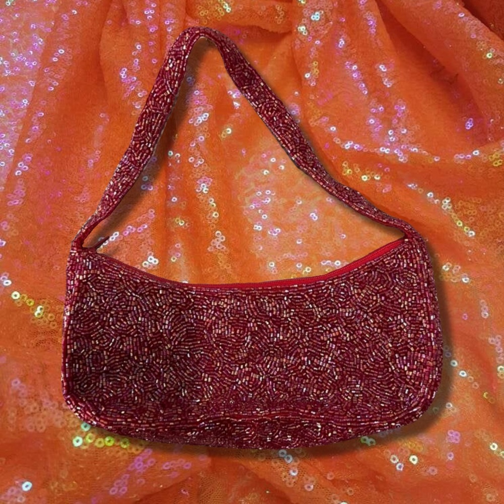 Vintage Y2K 90’s Red and Pink Beaded Mini Small Baguette Bag Purse